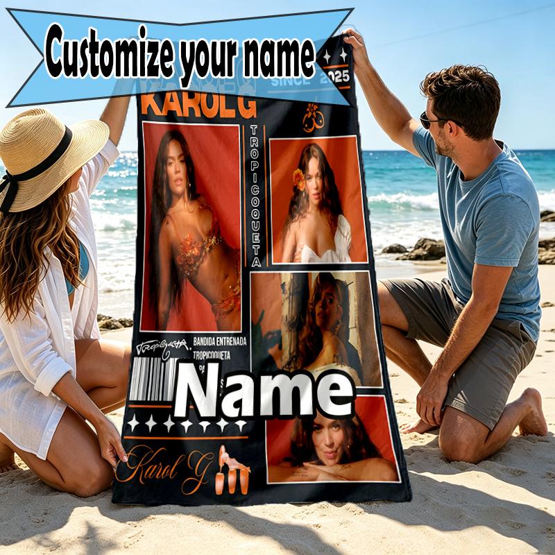 Custom Name Personalized Karol G Print Beach Towel, for Trip Camping Beach Party Home Decor, Birthday Gift for Family & Friends