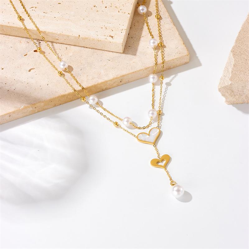18K Gold Plated Layered Pearl Heart Pendant Necklace, Dainty Double Chain Y-Drop Lariat Choker for Women, Trendy Jewelry