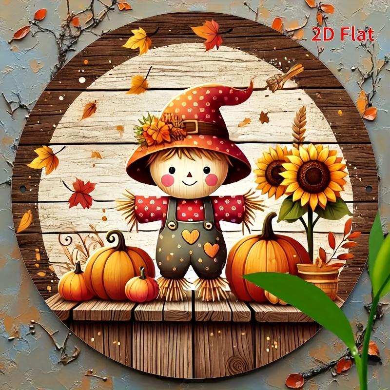 HD Tin Sign Fall Scarecrow Pumpkin Sunflower Round Vintage Metal Wall Art Retro Autumn Decor