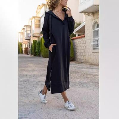 Autumn Winter Loose Large Knitted Hooded Long Dresses Women Vintage Velvet Hoodie Casual Fashion Dress