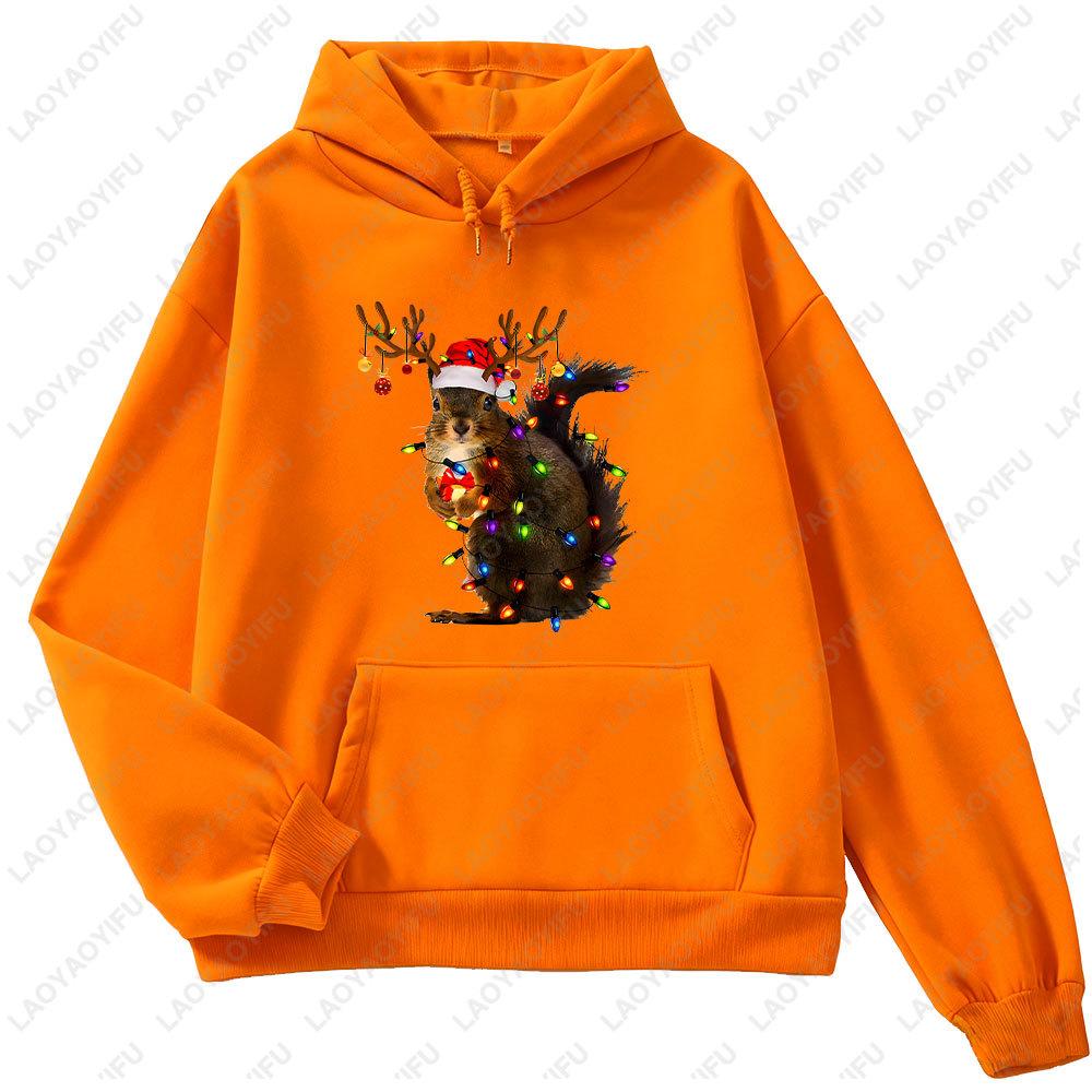 Christmas Squirrel Lights Sweatshirt Xmas Squirrel Hoodie Women Long Seleeve Sweater Santa Squirrel Gift Cute Christmas Sweater