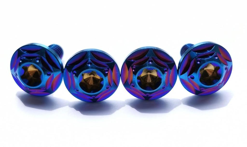 Kuroobaa Titanium Motorcycle License Plate Bolts M6x15mm Snowflake Design, Set of 2 (Blue)