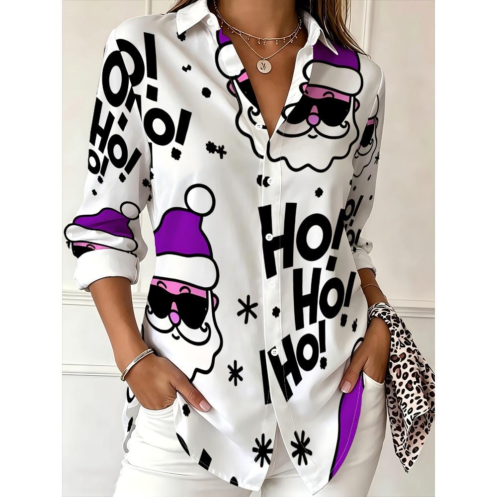 Women's long-sleeved shirt, trendy Santa Claus pattern, versatile commuting daily wear