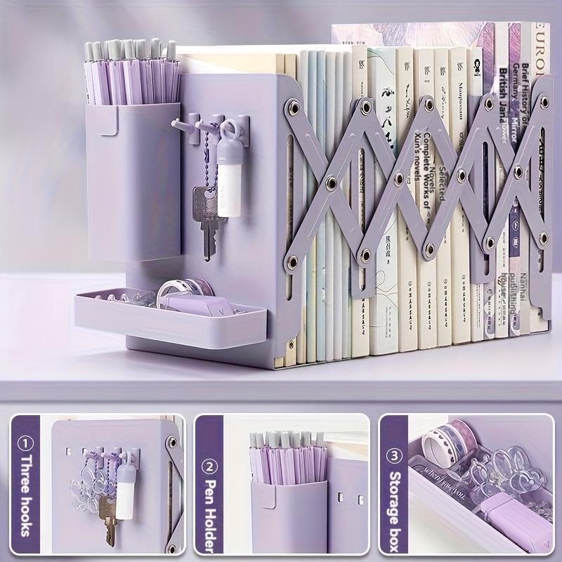 Bookstand Desktop with Retractable Bookshelf Book Storage and Storage Rack with Pen Holder Fixed Book Clip Student Foldable Vook