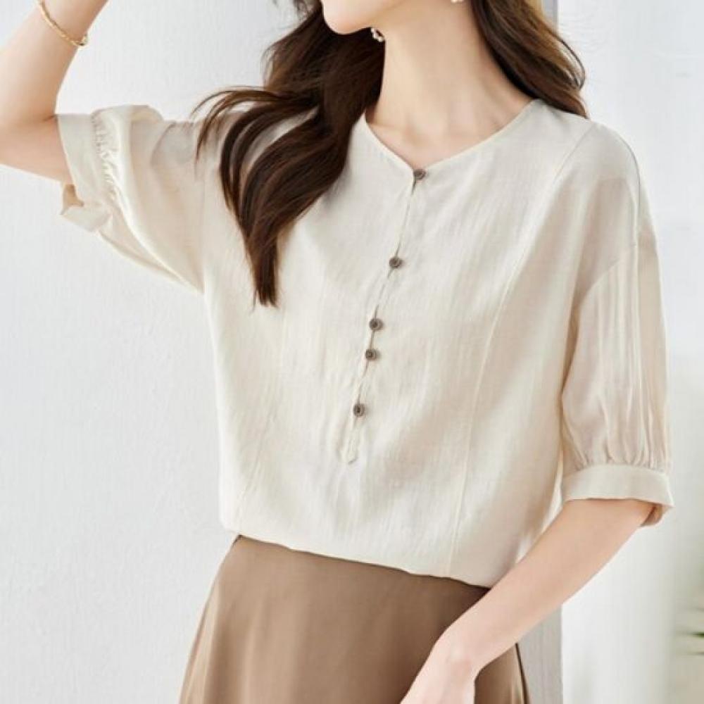 Navava Women S Retro Wood Button Puff Short Sleeve blouSe Nb3150