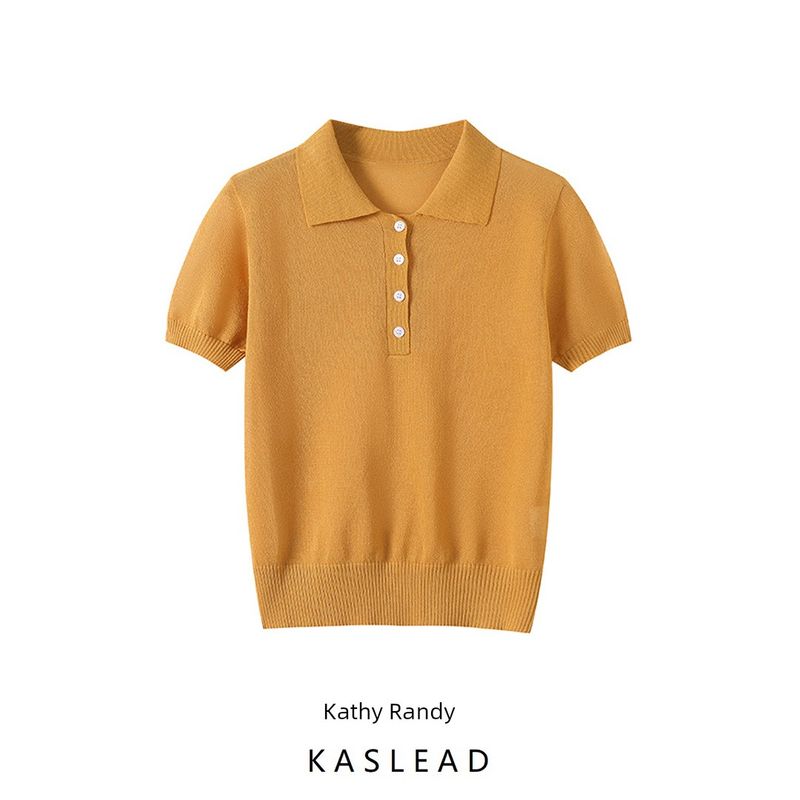 Kaslead New Women clothes Western Style Fashion Simple and Versatile Knitted Short sleeve Lapel Top