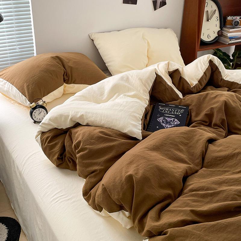 Super Soft Bed 4Pcs Set, Pure Washed Cotton Quilt Cover, Bed Sheet Full Quilt Cover, Bed Hat Student Three 4-Piece Set