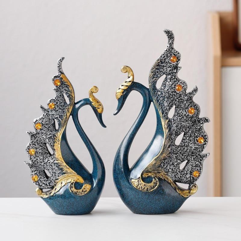 1PAIR Couple Swan Home Living Room Wine Cabinet Ornament Chinese Light Luxury Entrepreneurship Office Resin Crafts