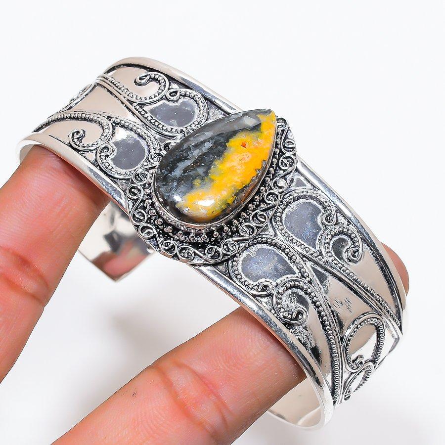 Натуральный яшма «Шмель» 925 пробы Серебряный браслет-манжета Регулируемый AC-1425