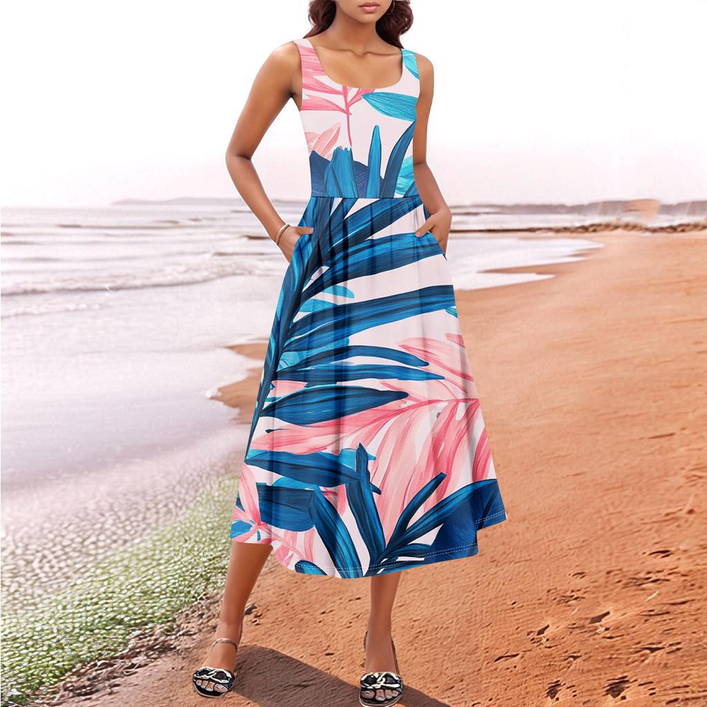 Dámské Léto Jaro Ležérní Květinové Sundress Bez rukávů Plážová Dovolená Splývavé Boho Tank Midi Šaty