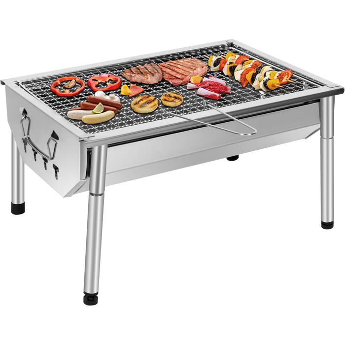 SunJas Barbecue Charbon De Bois INOX Ajustable Barbecue Demontable En Acier Portable BBQ Exterieur Grille Sur Pied Pour Jardin Pique
