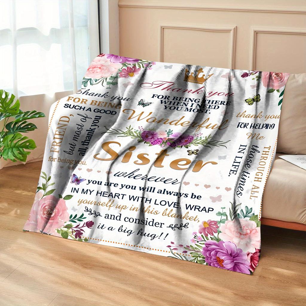 Luxurious Floral Fleece Throw Blanket for Sister - Soft, Warm Polyester with Heartfelt Message | Ideal for Couch, Bed, Office