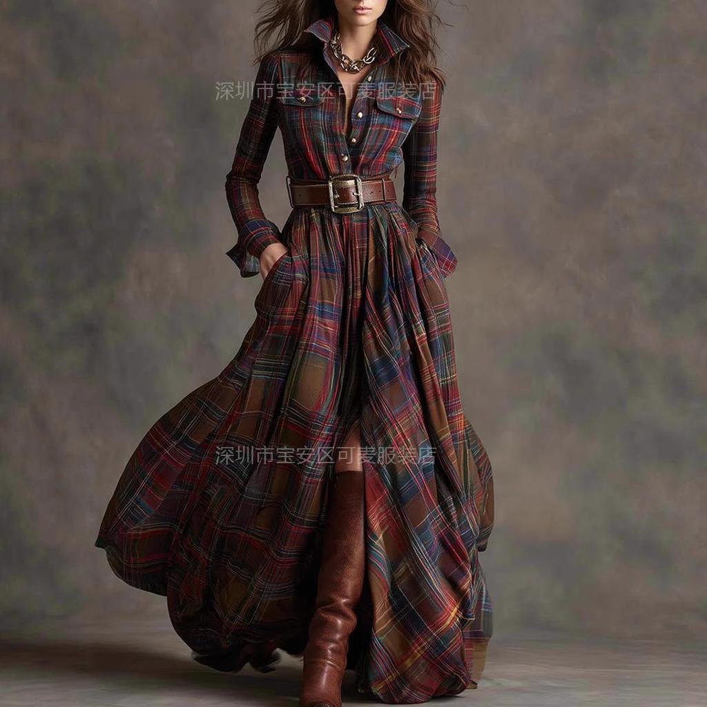 New retro plaid waist and thin irregular design lapel long-sleeved dress women