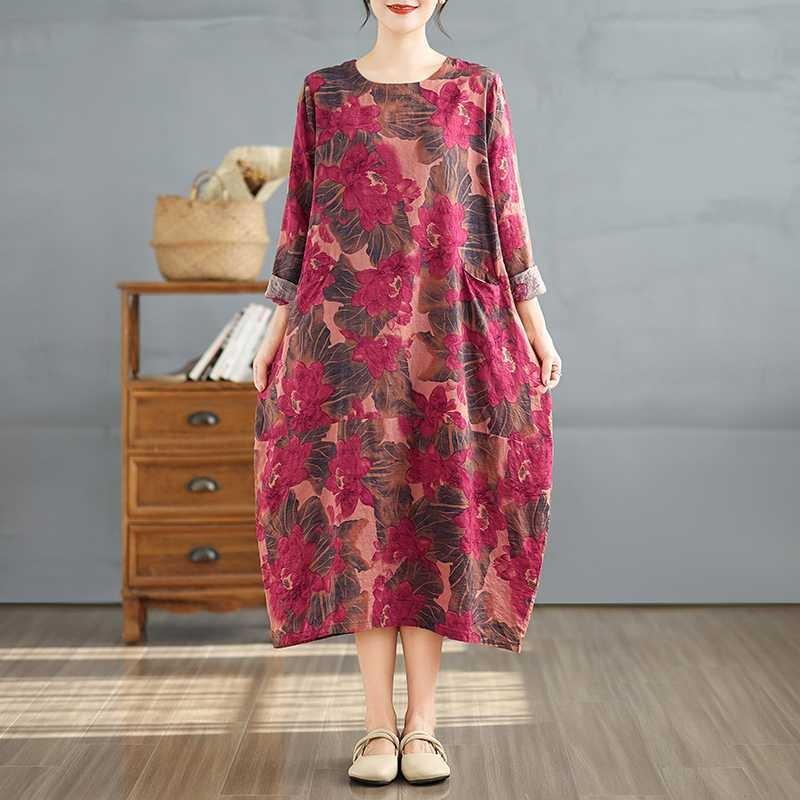 Round Neck Long Sleeve Loose Plus Size Long Dresses