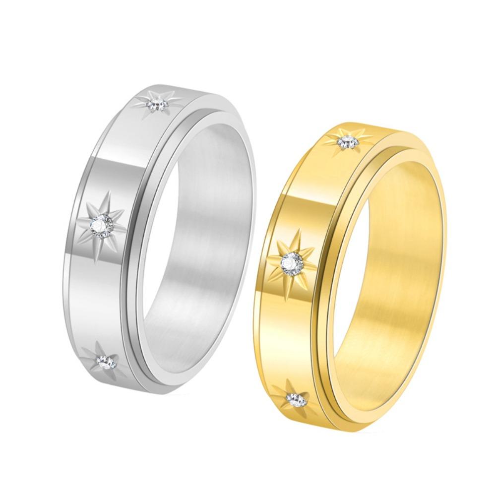 Simple Elegant Rotating Couple Ring Shining Diamonds Stainless Steel Engraved Promise Jewelry