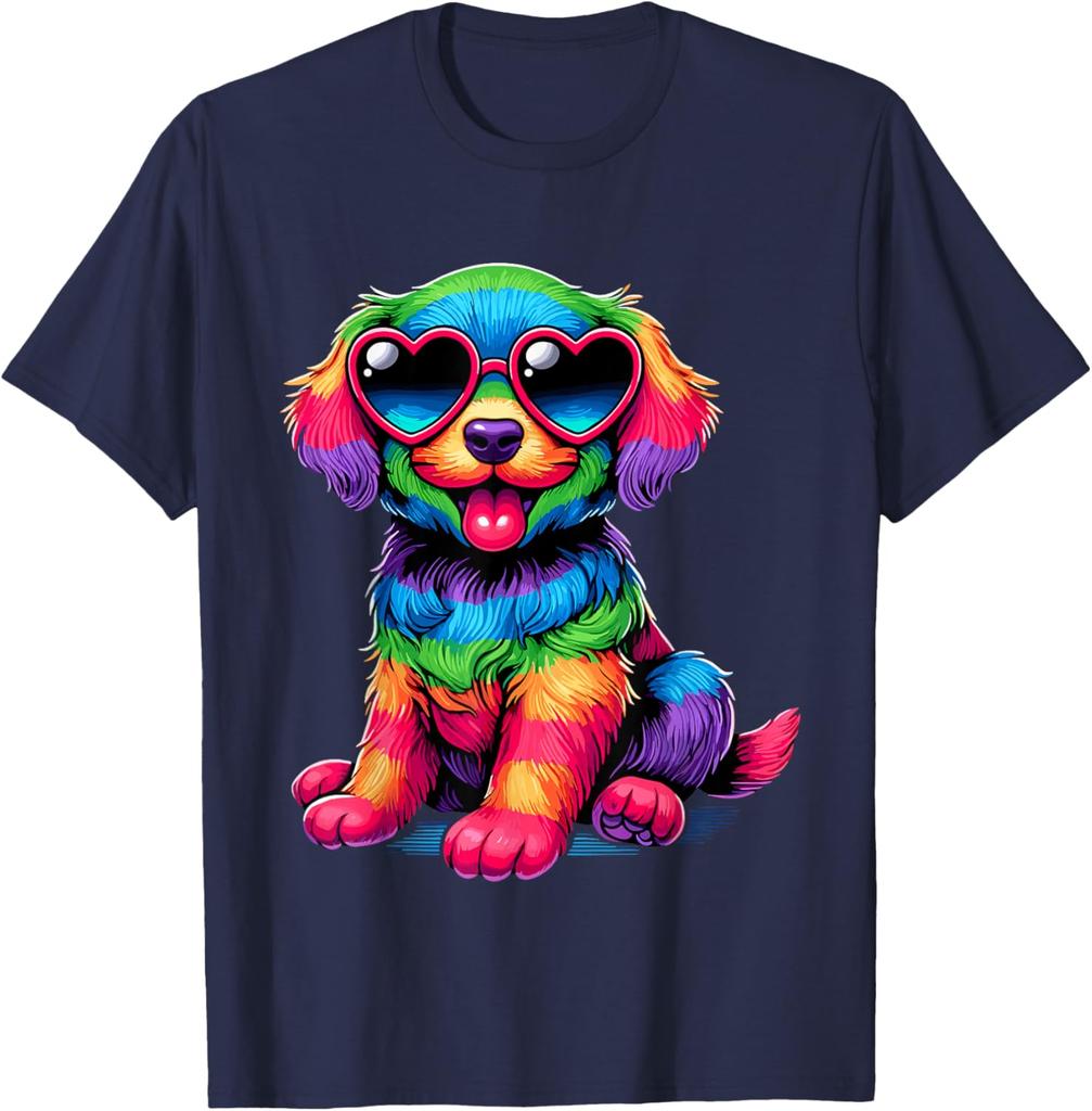 Rainbow Furry Dog With Heart Sunglasses Graphic Print Cotton T-Shirt Casual Trip Wear