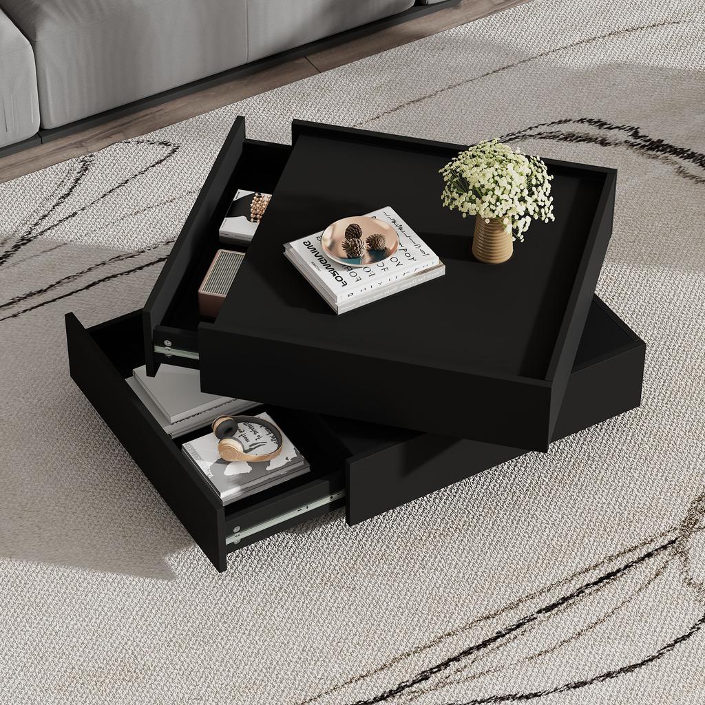 Functional Coffee Table for the Living Room, 360 degrees Rotatable, Rotating Tabletop with 2 Shelves and Storage Space, Side Table Frame Black