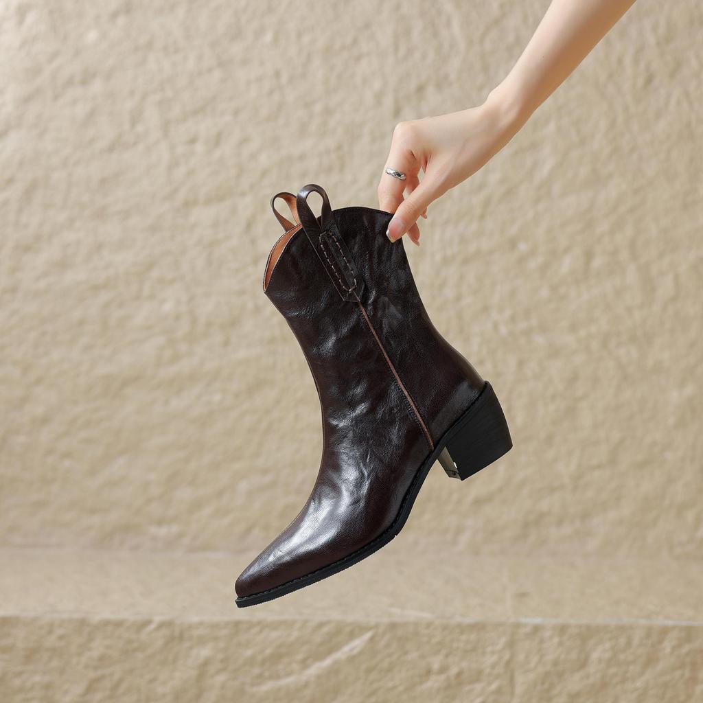 Krazing Pot Sheep Skin Autumn Winter Shoes Thick High Heels Size 43 Western Boots Slip on Ankle Boots