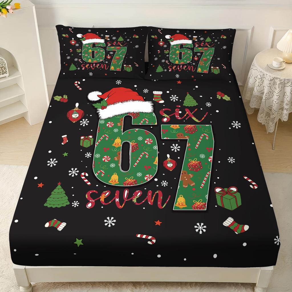 3pcs Merry Christmas 67 Element Black Printed Chipless Bed Sheet Set Multi Size Bed Cover Bedroom Dormitory Bedding Decoration