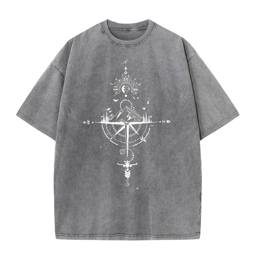 American Vintage Washed T Shirt Compass Mountain Graphic Streetwear Oversized Tee