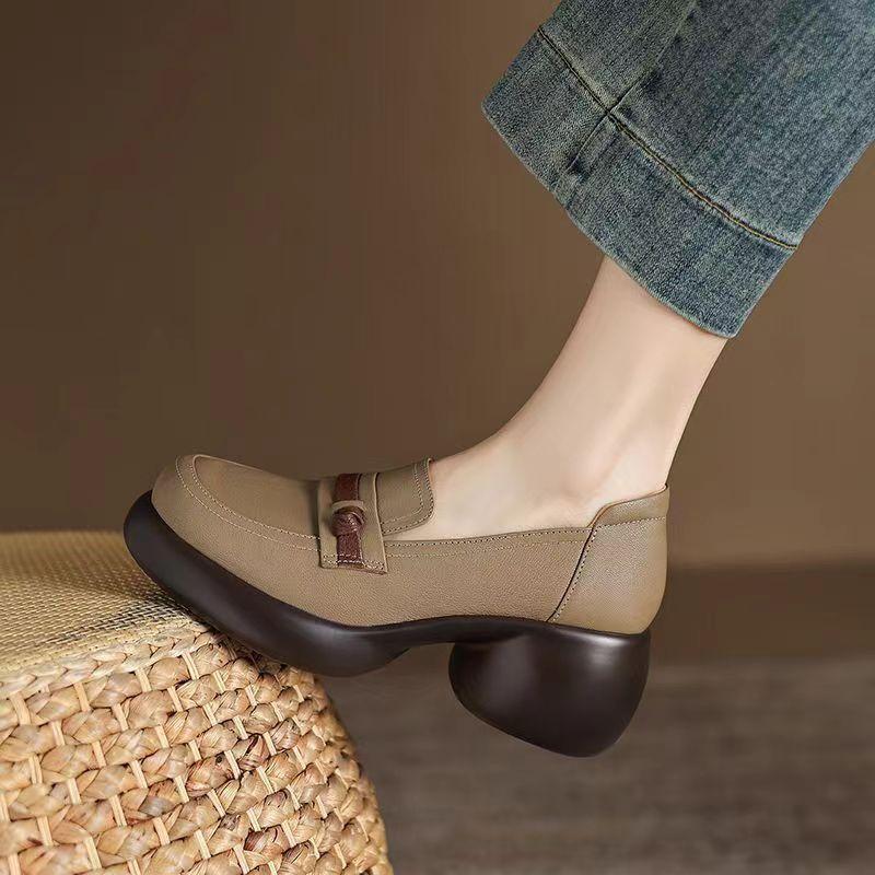 

Spring Autumn New Thick Bottom Round Head Single Shoes with Color blocked Coarse Heel Thick Bottom Simple Comfortable Shoes 35 хаки