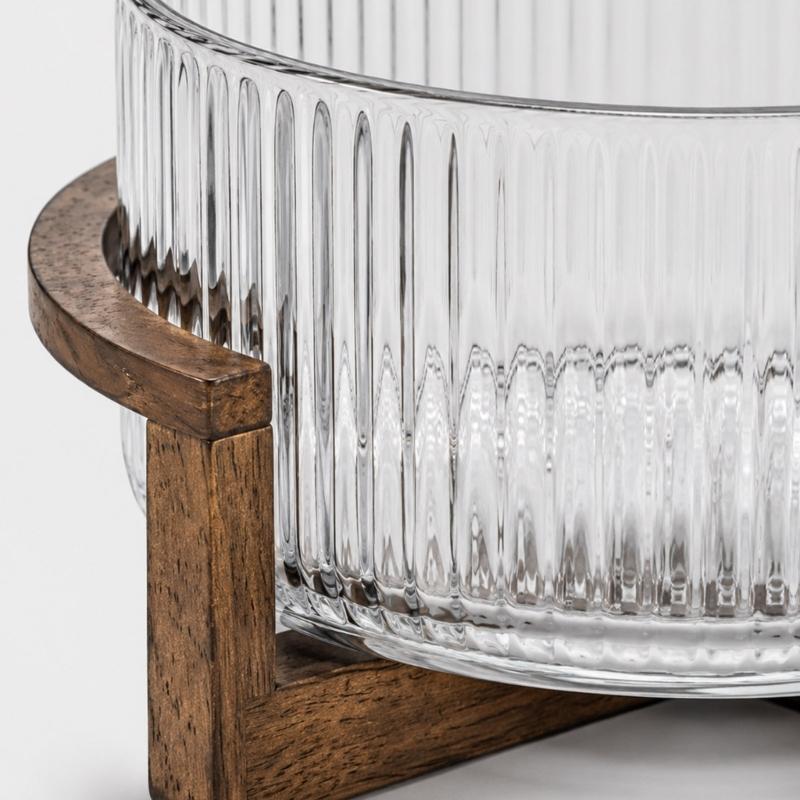Ribbed Cake Display Bowl With Wooden Stand for Salad, Fruit and Dessert Serving during Shared Meals and Tea Tables