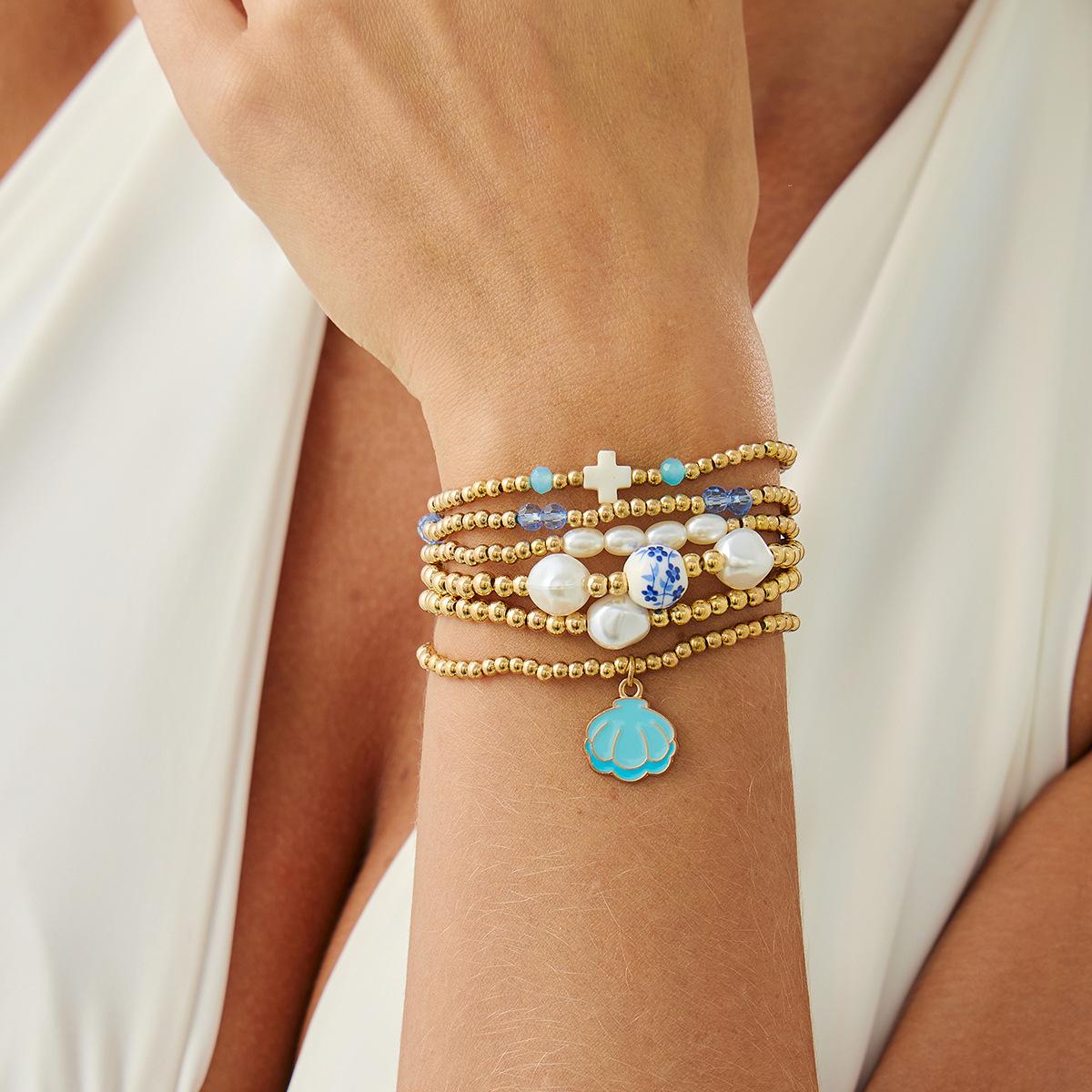 

Personalized Chinese Style Blue And White Ceramic Beaded Imitation Pearl Elastic Bracelet, Creative Metal Cross Pendant Bracelet