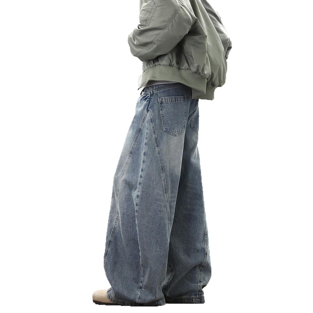 American retro washed old scimitar jeans men's trendy brand ins design sense wide legs loose straight long pants