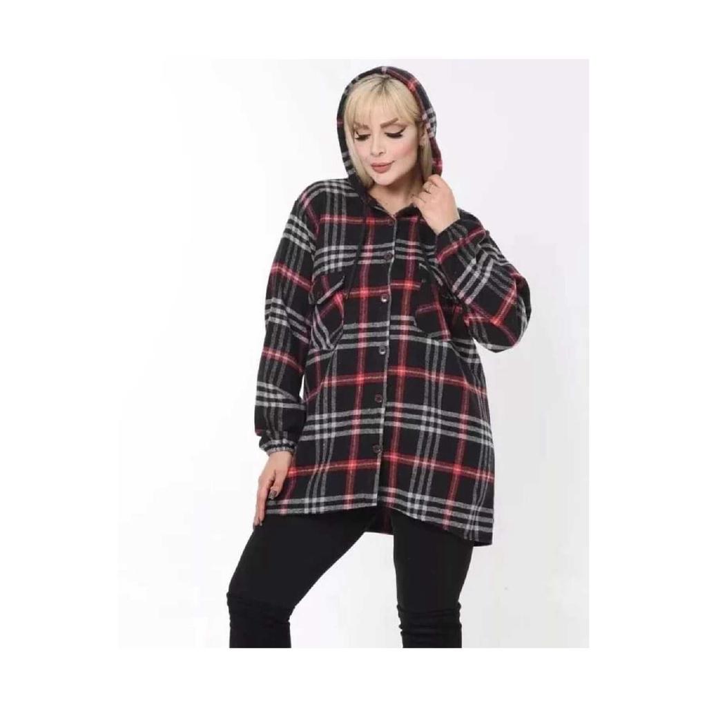 Large Size Cotton Lycra Hooded Shirt With Elastic Sleeves Buttons And Pockets Loose Cut Long Plaid Lumberjack Shirt