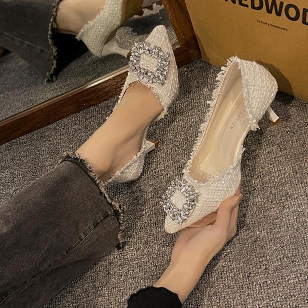 Fashion Women High Heels Fashion Square Rhinestone Buckle Pointed High Heels Shoes Elegant Temperament Women Party Wedding Shoes Tacones