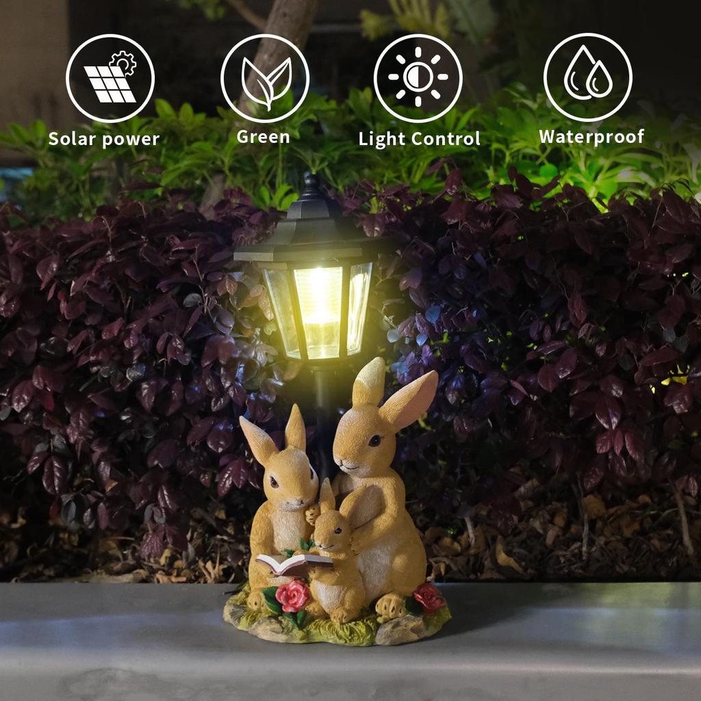 Zewnętrzna Solarna Rodzina Królików Statua z Żywicy - Dekoracja Oświetleniowa Ścieżki na Dziedzińcu