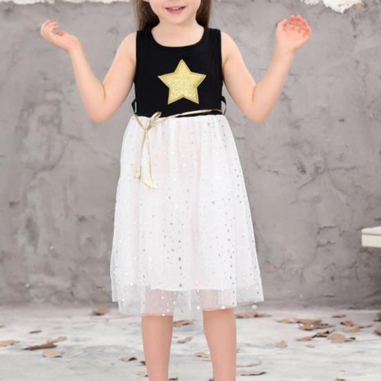 Sleeveless Dress Gold Star Print Soft Pullover Girls Mesh Stitching Dress for Vacation