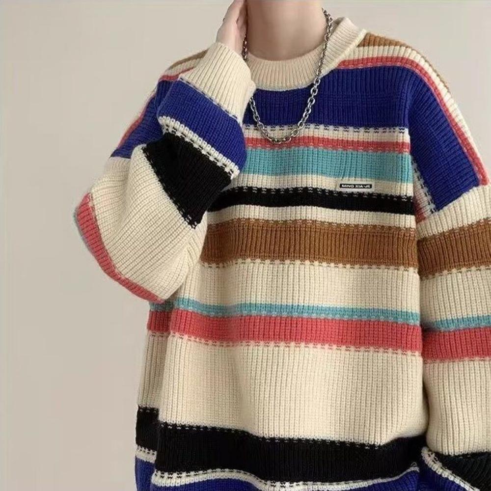 

Новый радужный свитер для мальчиков, парное пальто, ленивый свободный универсальный полосатый базовый свитер XXXL разноцветный