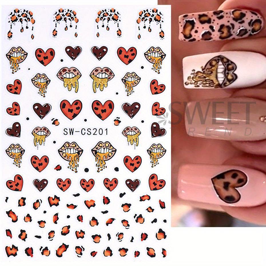 3D Sexy Lips Stickers Leopard Print Love Heart Letter Pink Rose Red Lips Valentines Manicure DIY Romantic Nail Decoration