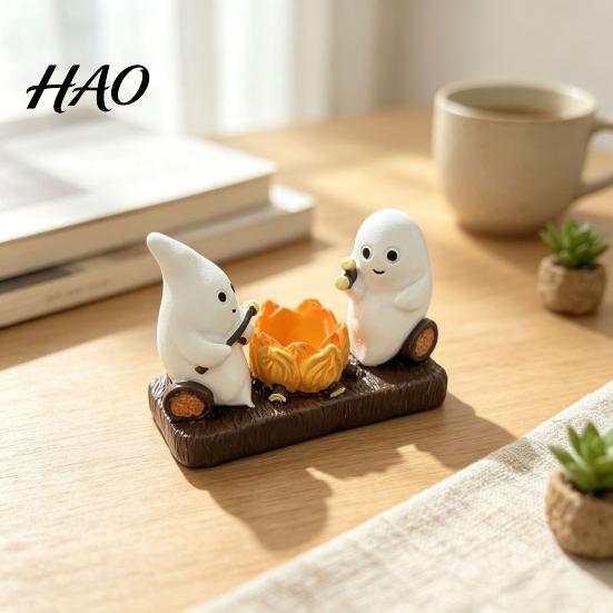 Night Atmosphere Light Base Cute Ghost And Bonfire Figurine, Resin Campfire Ornament for Halloween Tabletop Gift Friends Decor, Cartoon Double Statue