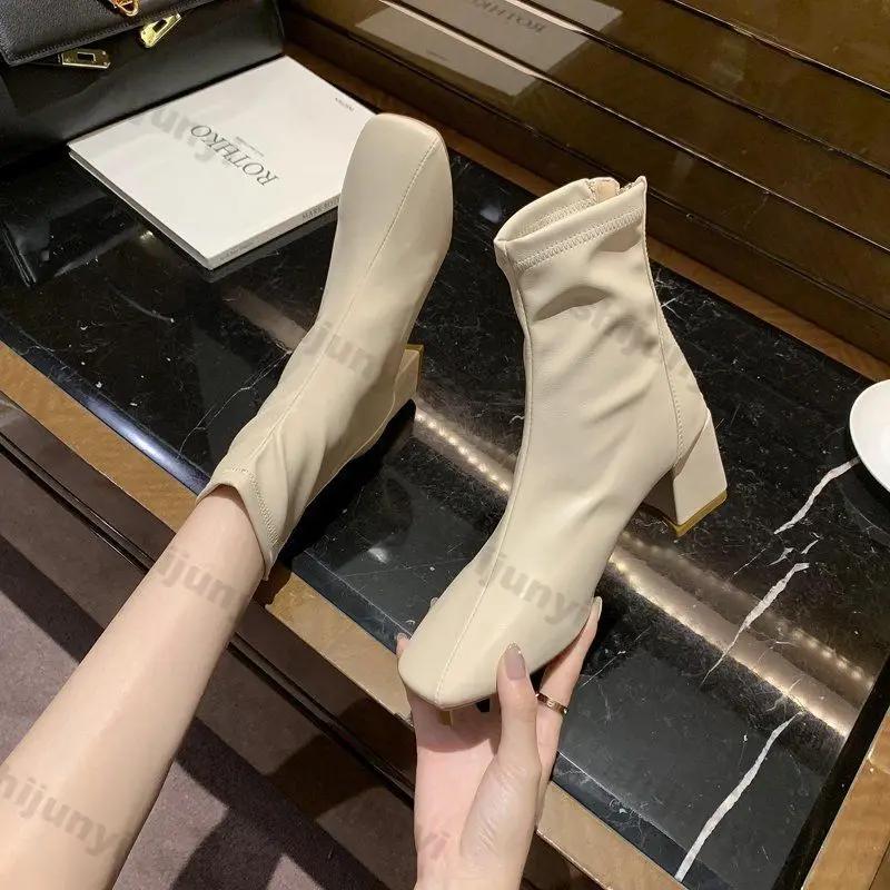 Women's Fashion Chunky Ankle Boots Autumn New Fashion Pointed Toe Square Head Short Thick Zipper Comfortable Non-slip Goth Boots