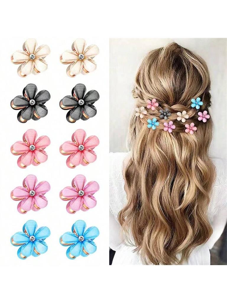 10 Pcs Small Mini Pearl Claw Clips with Flower Design, Sweet Artificial Bangs Clips Decorative Hair Accessories for Women Girls