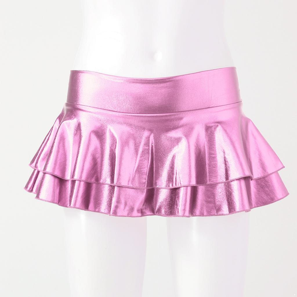 Glänzende Metallic-Low-Rise-Miniröcke für Damen mit Rüschen und Falten, Rave-Party, Clubwear