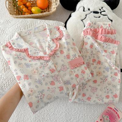 Light Luxury Flower Gentle Temperament Imitation Cotton Pajamas Women's Lace Loungewear Spring and Autumn Long-sleeved Suit