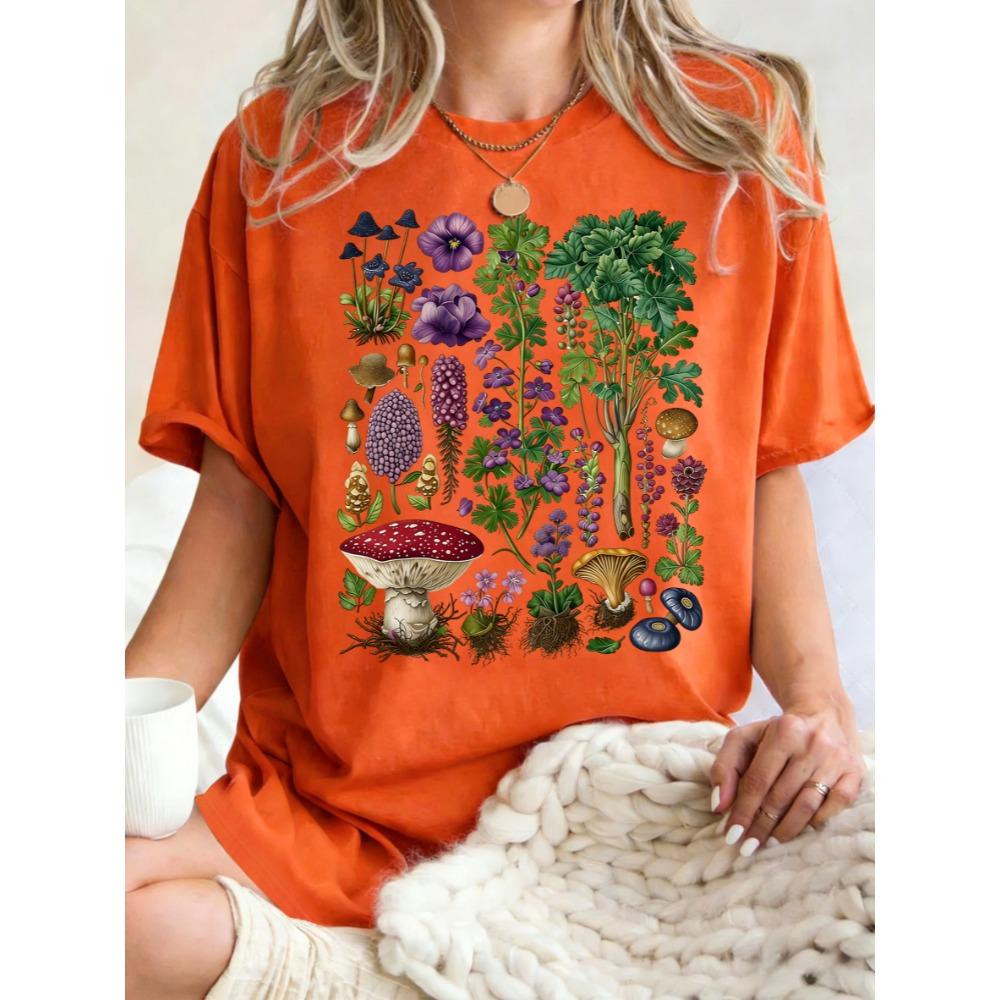 Retro Pilze Blumen Krautige Pflanzen Design Damen T-Shirt Rundhals Kleidung Baumwolle T-Shirt Oversized Sommer