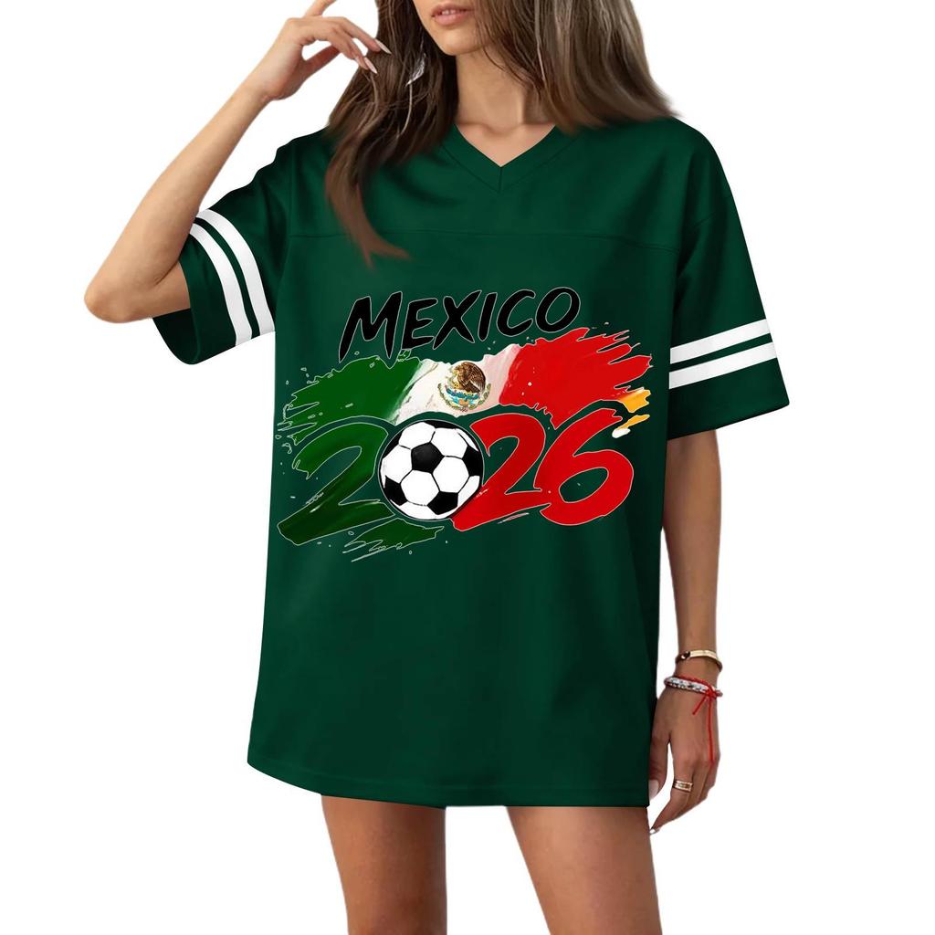 Women V Neck Short Sleeve Soccer Jersey Style Top with Football Flag Print Casual Loose Fit T Shirt for Sports and