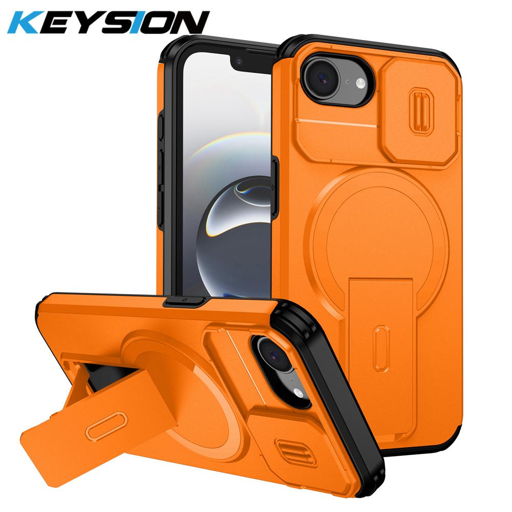 KEYSION Shockproof Armor Magnetic Case for iPhone 16e Silicone+PC Slide Camera Protect Kickstand Wireless Charging Phone Cover