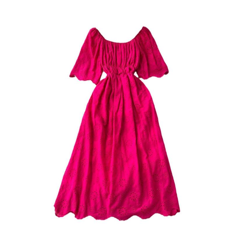 French Sweet Fairy One-word Shoulder Hollow Embroidery Dress, Female Waist and Thin Temperament Holiday Style Knee-length Dress
