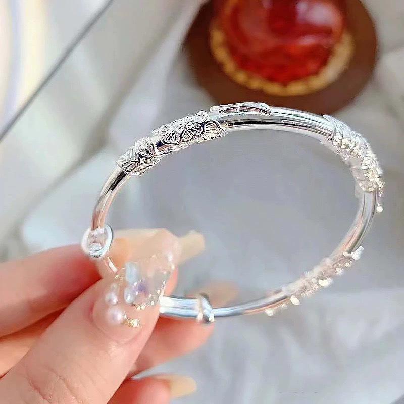 Blooming Flowers Adjustable Pure Silver Women's Bangle - Simple Fashion Bracelet