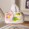 Creative Floral Relief Ceramic Tissue Box Household Dining Table Pull-Out Napkin Holder Cartoon Flower Porcelain Tissue Box Gift