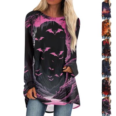 Blusa feminina casual moda Halloween estampa manga comprida comprimento médio