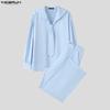 INCERUN Oversized Men Sets Tie Up Long Sleeve Shirts Long Pants Casual Two Pieces Outfits
