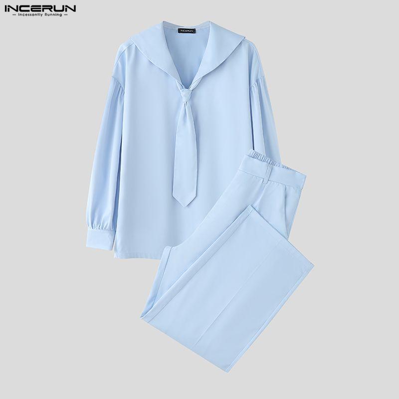 INCERUN Oversized Men Sets Tie Up Long Sleeve Shirts Long Pants Casual Two Pieces Outfits