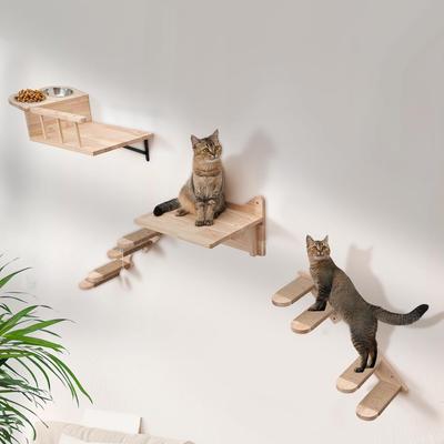 Wall-Mounted Cat House and Bowl Warm, Solid Wood Design with a Floating Structure—Space-Saving and Just for Your Cat