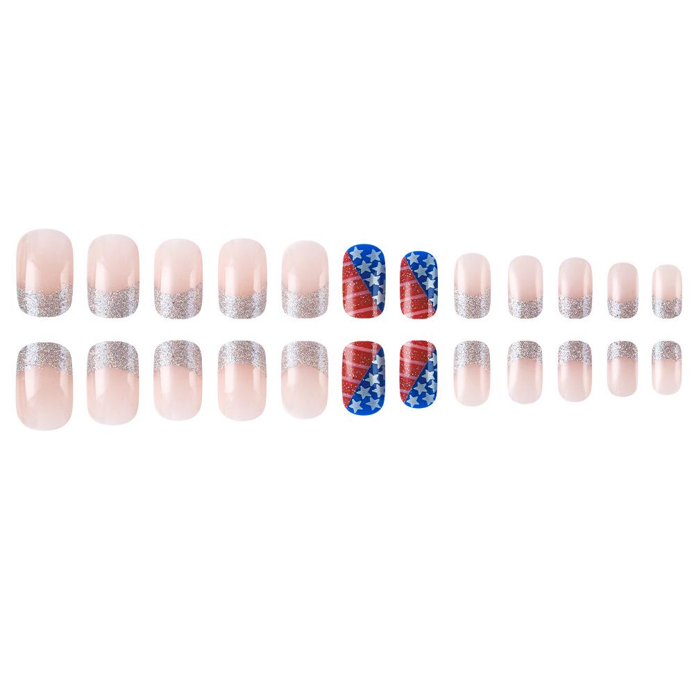 24-Piece French Silver Glitter Glossy False Nail Set with Art Stickers for Independence Day